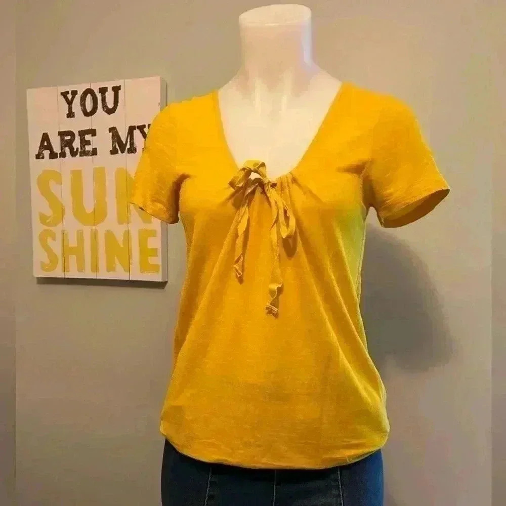 J Crew yellow women’s blouse size small, bow in front, festive, GA Tech